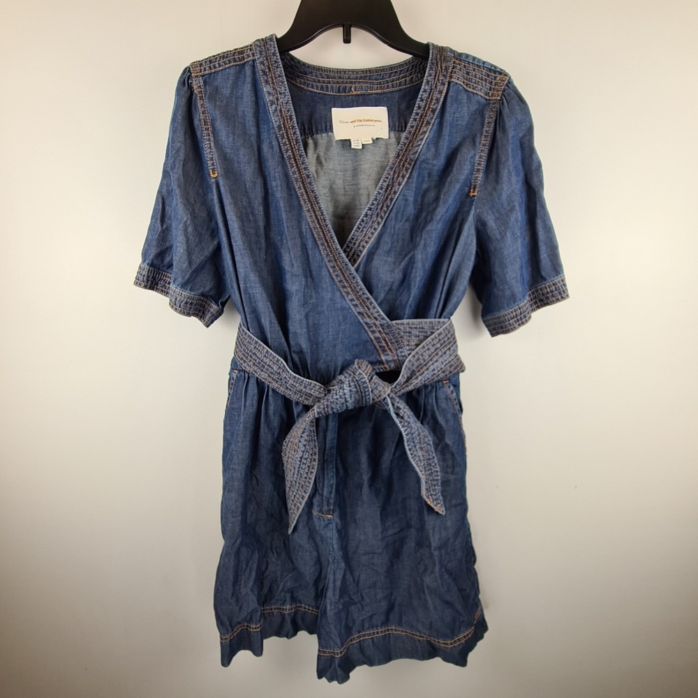 Pilcro Letterpress Anthropologie‎ Denim Wrap Romper Blue Size 10 Retro Tie waist